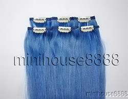 20 6 pcs HUMAN HAIR CLIP IN EXTENSION blue,30g  