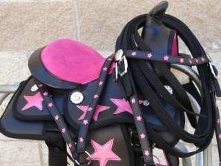10 Pink Star Black Synthetic Kids Pony Trail Show Saddle Bridle BP 