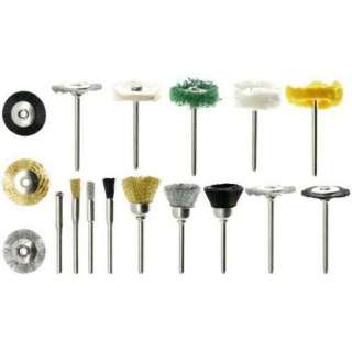 The kit includes 16 different brushes, a replacement mandrel and comes 
