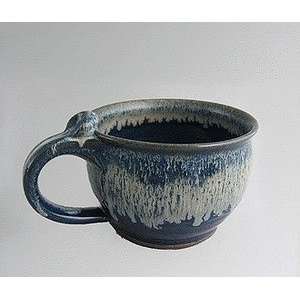 Handmade stoneware pottery soup mug with handle   two tone blue glaze 