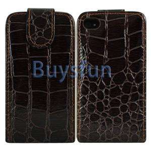 Brown Crocodile Skin Style Flip Leather Cover Case For Apple iPhone 4 