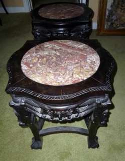 Pair Superb Matched ca1890 Chinese Carved Rosewood Tables Marbled Tops 