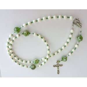 Handmade Rosary of Bleached Wood and Green Abalone