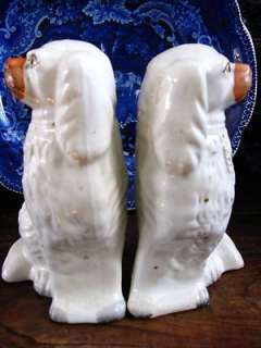PAIR ANTIQUE STAFFORDSHIRE WHITE DOGS / SPANIELS  