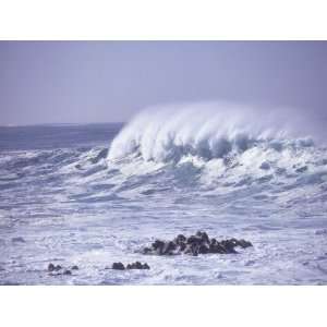  View of Curling Wave and Rocks Churning in the Surf 