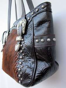   PURSE Handbag SHOULDER BAG Tote SILVER CHONCHO COWHIDE Lrg  