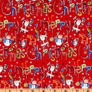  44 Wide Seasons Greetings Merry Christmas Red Fabric By 