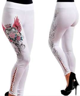 Sexy White Braided Wings Crown Roses Stones Tattoo Leggings & Ed Hardy 
