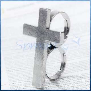 Vintage Silver Cross Adjustable Two Finger Double Ring  