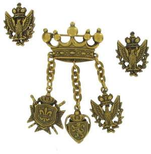 Vintage Coro Crown Crest Pin Brooch Clip Earrings Set  