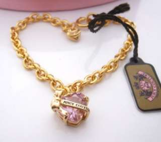   Juicy Couture Faceted Heart Banner Bracelet Goldtone Pink Stone  