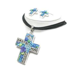  Beads Clay Art Deco Love Hope Faith Cross Pendant Necklace 