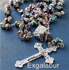 Day of the Dead Peacock Crystal Skull Rosary Necklace  