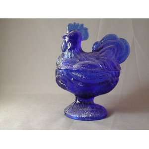  5 Solid Blue Glass Rooster Candy Dish Two Piece 
