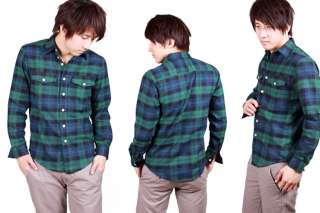 US New Mens Designer Fashion Plaids Checked Fit Long Sleeve Green 