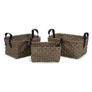 Robust Woven Natural Sea grass Baskets with Faux Leather handles   Set 
