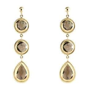   Gold Pear with Round Smoky Quartz Triple Dangle Earrings: Jewelry