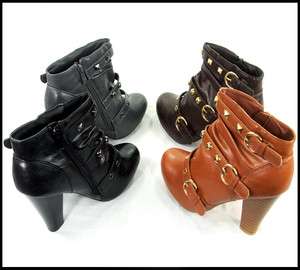 New Fashion Womens Sexy Round Toe Buckle Faux Leather Heel Boots Shoes 