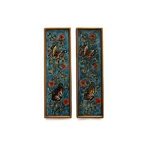  Painted glass wall art, Butterfly Afternoon (pair)