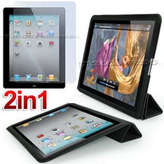 BLACK LEATHER SMART CASE+SCREEN COVER FOR APPLE IPAD 2  
