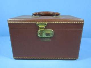VINTAGE BROWN LUCE LEATHER TRAIN CASE MAKEUP CASE MIRROR SUITCASE WITH 