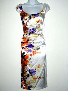 NWT LONDON TIMES Ivory/Multi Watercolor Floral Ruched Satin Dress 