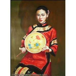   Fine Art: Chinese Oil Painting   Maiden Holding Fan: Home & Kitchen