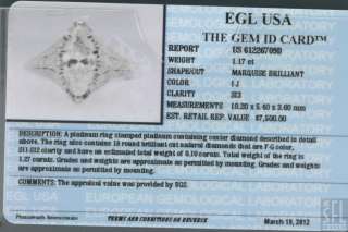 EGL CERTIFIED PLATINUM 1.27CT DIAMOND WEDDING RING W/ 1.17CT MARQUISE 