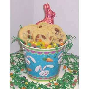   Cookies in a Blue Bunny Pail with Jelly Beans and Milk Chocolate Bunny