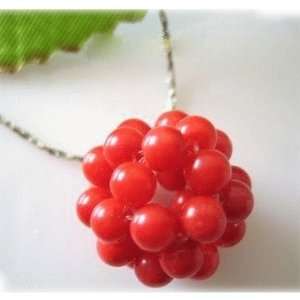  16 Red Coral Bead Kint Ball Necklace Silver Chain 