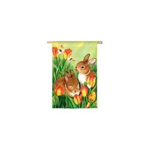  Bunnies in a Field of Tulips Large Flag Patio, Lawn 