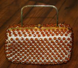 Wicka Weave Jana Vintage Orange Amber Beaded Hard Clutch Bag Purse 