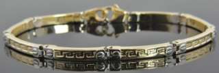 Two Tone 14K Gold Etched Greek Key Pattern Panel Link Chain Bracelet 7 