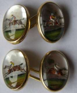   antique set of 14k gold&painted cameo crystal cufflinks.Horse riding