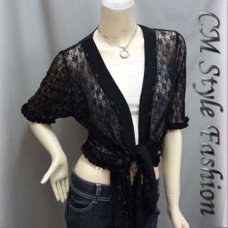 Front Tie Flowy Ruffle Floral Lace Cardigan Top Black  
