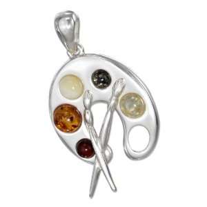   Silver Artist Palette Pendant with Amber Stones and Brushes.: Jewelry