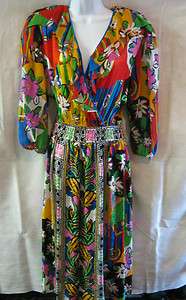 VTG 80s Diane Freis Original 100% Silk Dress Size S/M Op Art Floral 