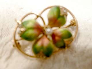 Victorian Antique 10K Gold Enamel Seed Pearl 4 Leaf Clover Pin Brooch 