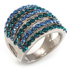  Silver Tone Wide Crystal Band Ring (Light Blue & Teal 