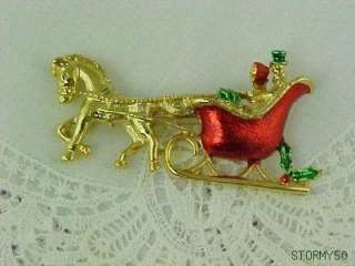 Vtg Gerrys Horse Drawn Sleigh Christmas Pin Brooch  