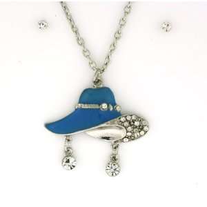 Blue Epoxy Fedora Hat with Clear Austrian Crystals Necklace and 