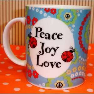 Peace Joy Love Coffee Mug Ganz Blue Ladybug Flowers  