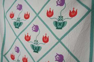 30s Mountain Mist Tulip Bowl Hand Stitched Applique Antique Quilt 