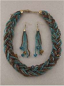 MULTI STRAND MULTI TEAL BROWN BRAIDED GLASS SEED BEAD NECKLACE EARRING