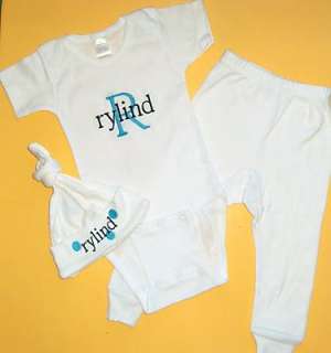 Personalized Monogram Baby HAT PANTS ONESIE OUTFIT SET  