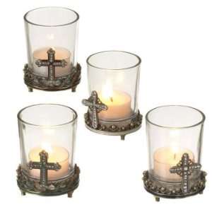 Jeweled Cross Tealight Holder (Set of 4). Pewter and Glass.