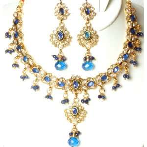 Royal Blue Polki Necklace and Earrings Set with Faux Sapphire   Copper 