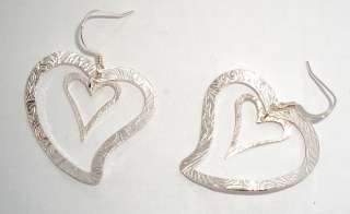 Hammered Heart Dangle Earrings 925 Sterling Silver  