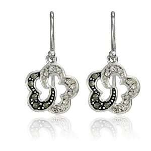  Sterling Silver Marcasite and Crystal Flower Wire Earrings 