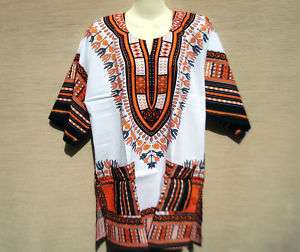 UNISEX AFRICAN DASHIKI RASTA BOHEMIAN SHIRT TOP DRESS WHT/OR  